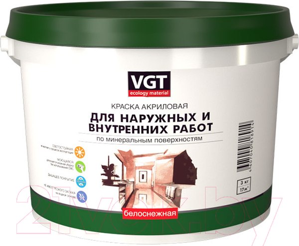 Изображение товара Краска VGT ВД-АК-1180 Для наружных и внутренних работ Моющаяся (3кг, белоснежный)