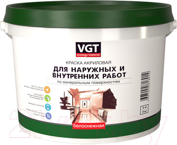 Изображение товара Краска VGT ВД-АК-1180 Для наружных и внутренних работ Моющаяся (7кг, белоснежный)