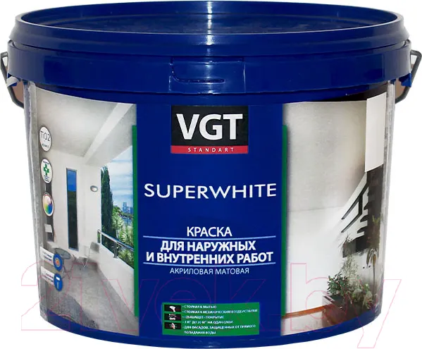 Изображение товара Краска VGT ВД-АК-1180 Для наружных и внутренних работ Моющаяся (3кг, супербелая)