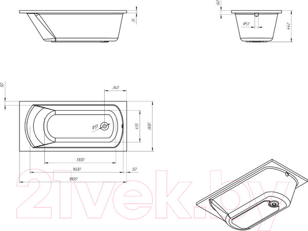 Изображение товара Ванна акриловая Eurolux Miamika 180x80 / E1018080023