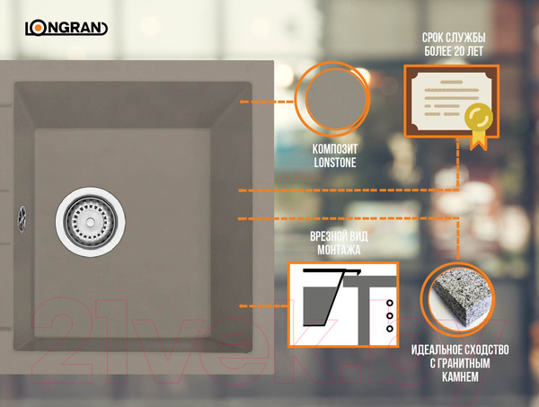 Изображение товара Мойка кухонная Longran Amanda AMG650.500 (трюфель)