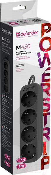 Изображение товара Удлинитель Defender M430 / 99326 (3м, 4 розетки, черный)