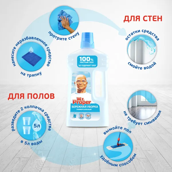 Изображение товара Чистящее средство для пола Mr.Proper Бережная уборка (1л)