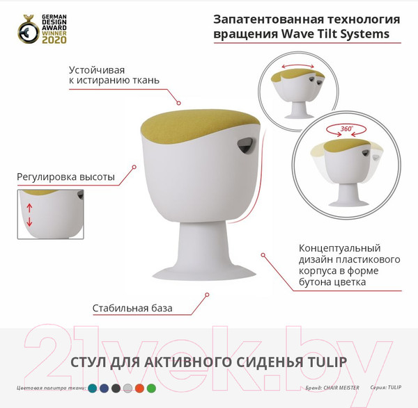 Изображение товара Табурет офисный Chair Meister Tulip (пластик белый/ткань зеленая)