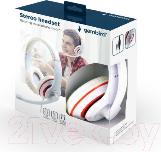 Изображение товара Наушники-гарнитура Gembird MHS-03-WTRD (белый/красный)