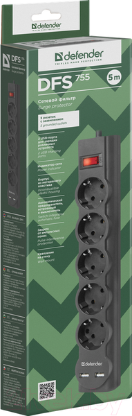 Изображение товара Сетевой фильтр Defender DFS-755 / 99755 (5м, 5 розеток)