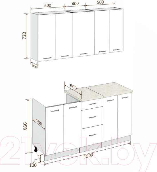 Изображение товара Кухонный гарнитур Кортекс-мебель Корнелия Лира 1.5м (капучино/оникс/мадрид)