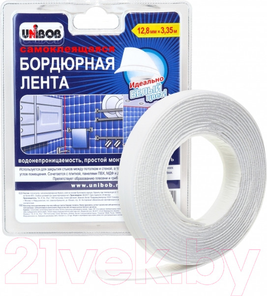 Изображение товара Лента бордюрная самоклеящаяся Unibob Для раковин и ванн 12.8ммx3.35м / 46325 (белый)