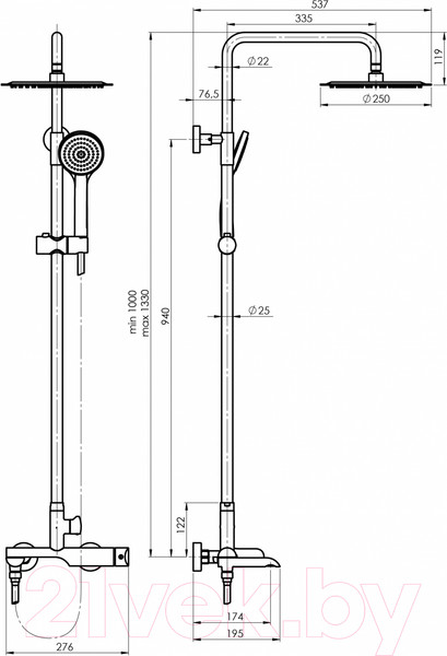 Изображение товара Душевая система со смесителем Rubineta Olo BK + Ultra-10 SW BK / 625123