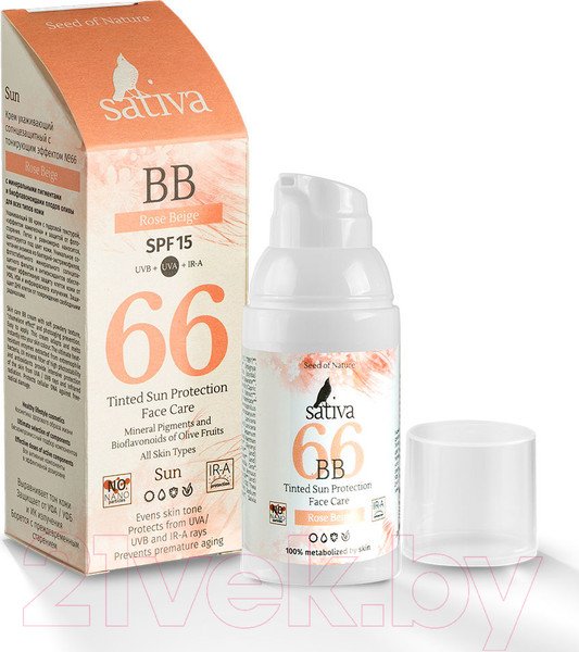 Изображение товара BB-крем Sativa Ухаживающий с тонирующим эффектом №66 Rose Beige SPF15 (30мл)