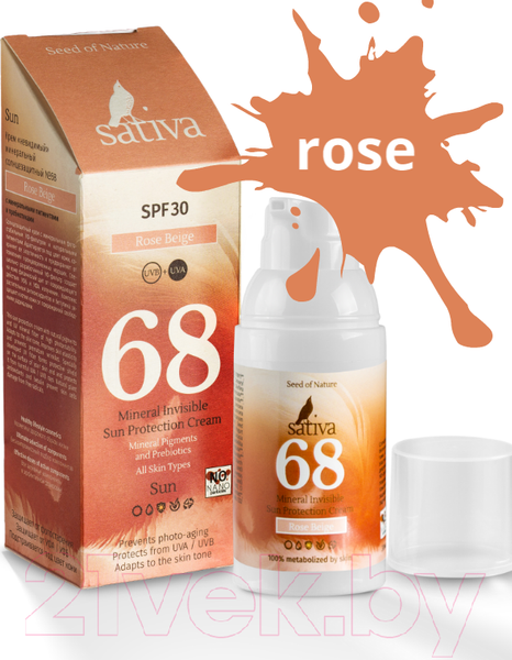 Изображение товара Крем солнцезащитный Sativa Невидимый минеральный №68 Rose Beige SPF30 (30мл)