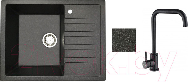 Изображение товара Мойка кухонная со смесителем БелЭворс Vega L + смеситель W4998-4-22 (черный)