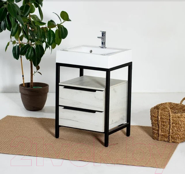 Изображение товара Тумба под умывальник Millwood Венеция 1 59x49x76.5 (дуб белый Craft/металл черный)