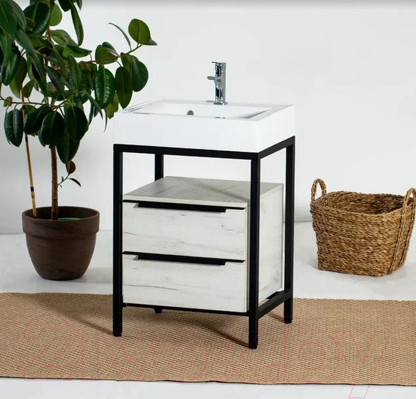 Изображение товара Тумба под умывальник Millwood Венеция 1 59x49x76.5 (дуб белый Craft/металл черный)