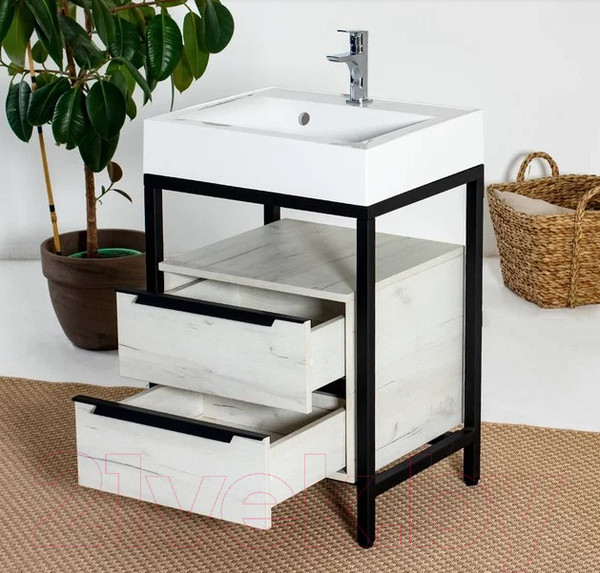 Изображение товара Тумба под умывальник Millwood Венеция 1 59x49x76.5 (дуб белый Craft/металл черный)