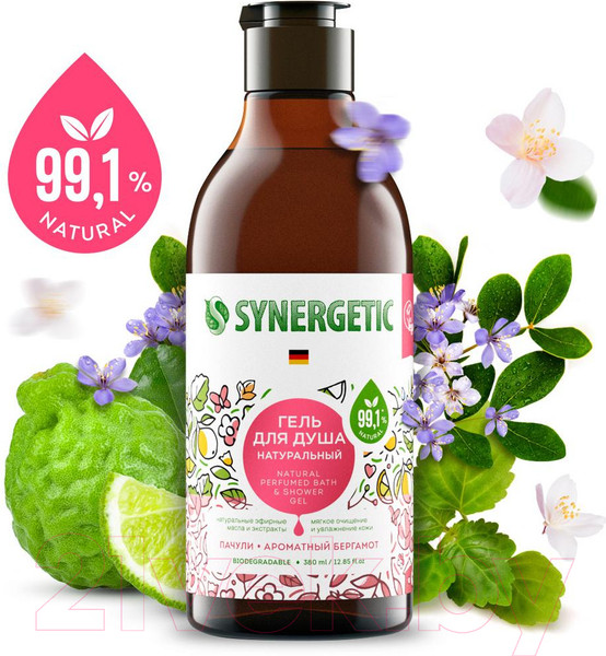 Изображение товара Гель для душа Synergetic Натуральный Биоразлагаемый Пачули и ароматный бергамот (380мл)