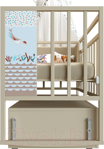 Изображение товара Детская кроватка VDK Mini Loft 3D Friend and Ocean маятник с ящиком (Milky)