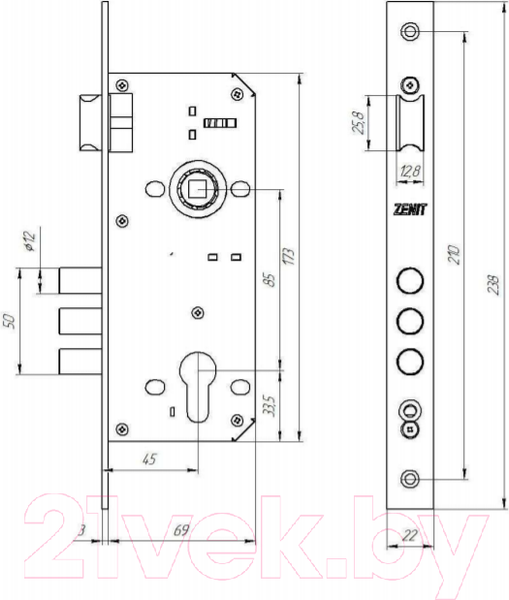 Изображение товара Замок врезной Зенит ЗВ4-85.3 / БП-00009288 (медь)