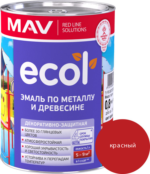 Изображение товара Эмаль MAV Ecol ПФ-115 (800г, красный)