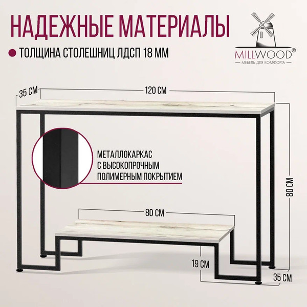 Изображение товара Консольный столик Millwood Пекин 4 Лофт Л 120x35x80 (дуб белый Craft/металл черный)