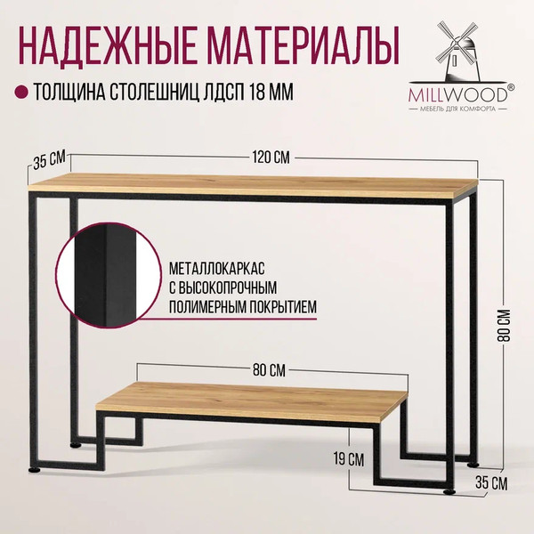 Изображение товара Консольный столик Millwood Пекин 4 Лофт Л 120x35x80 (дуб золотой Craft/металл черный)