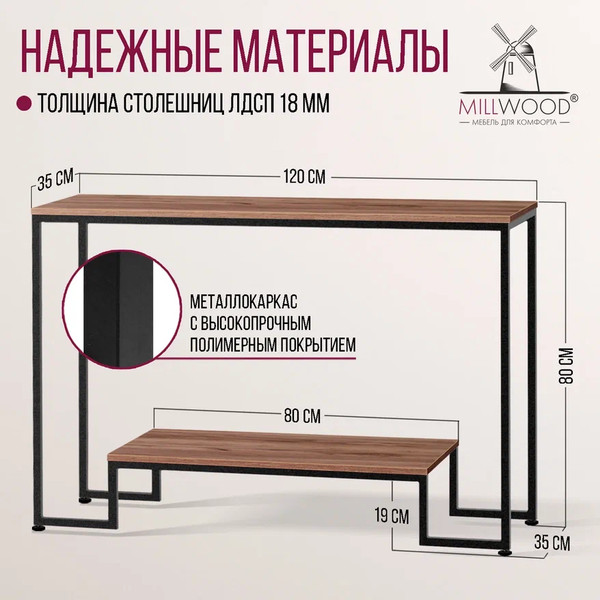 Изображение товара Консольный столик Millwood Пекин 4 Лофт Л 120x35x80 (дуб табачный Craft/металл черный)