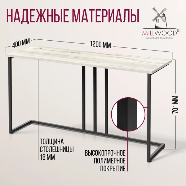 Изображение товара Консольный столик Millwood Лиссабон 1 Лофт Л 120x40x70.2 (дуб белый Craft/металл черный)