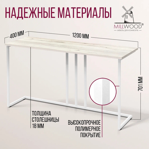 Изображение товара Консольный столик Millwood Лиссабон 1 Лофт Л 120x40x70.2 (дуб белый Craft/металл белый)