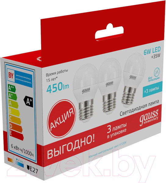 Изображение товара Лампа Gauss Elementary Globe E27 6W 4100K / 53226T (3шт)