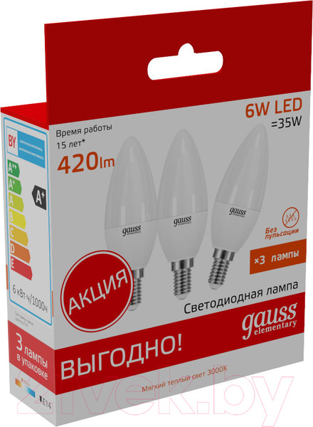 Изображение товара Лампа Gauss Elementary Свеча 6W 420lm 3000K E14  / 33116T (3шт в упаковке)