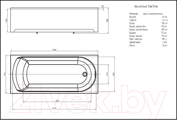 Изображение товара Ванна акриловая Aquatek Ника 150x75