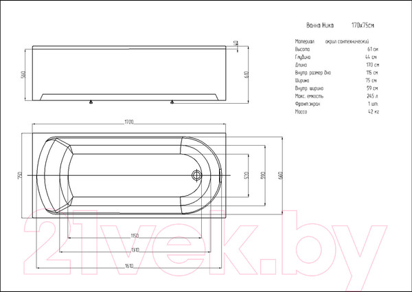 Изображение товара Ванна акриловая Aquatek Ника 170x75