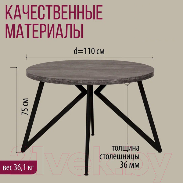Изображение товара Обеденный стол Millwood Женева Л D110x75 (сосна пасадена/металл черный)