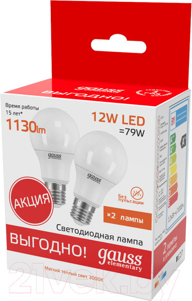 Изображение товара Лампа Gauss Elementary A60 12W 3000K E27 / 23212P (2шт в упаковке)