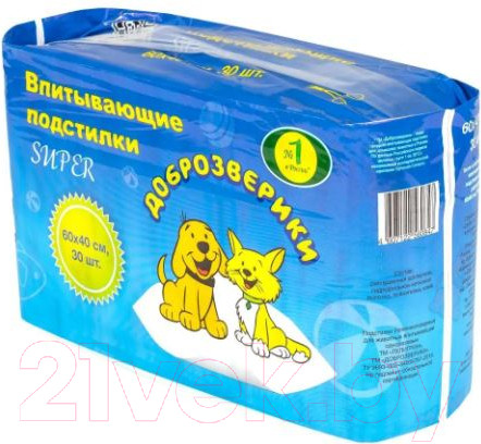 Изображение товара Одноразовая пеленка для животных Доброзверики Super 60x40 / 242/П (30шт)