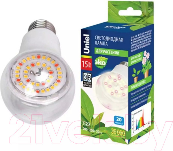 Изображение товара Лампа для растений Uniel LED-A60-15W/SPFB/E27/CL PLP30WH / UL-00007405