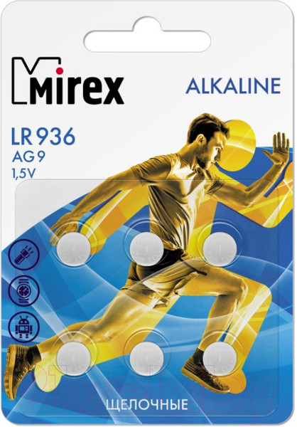 Изображение товара Комплект батареек Mirex AG9/LR936 1.5V / 23702-LR936-E6 (6шт)