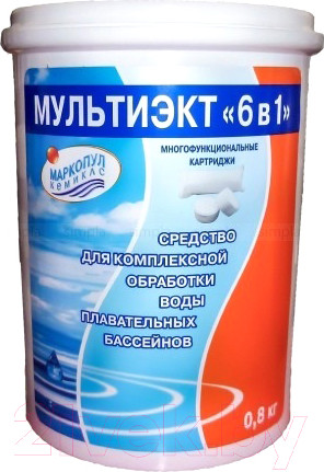 Изображение товара Комплексное средство для бассейна Маркопул Кемиклс Мультиэкт 6 в 1 картриджи (0.8кг)