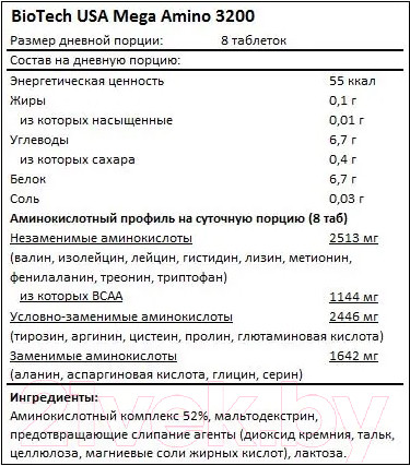 Комплексные аминокислоты BioTechUSA Mega Amino 3200 / CIB000168 (300 таблеток) — фото 6