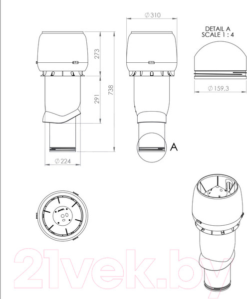 Изображение товара Выход вентиляционный на крышу Vilpe 160/ИЗ/500 RR750 / 741699 (кирпичный)