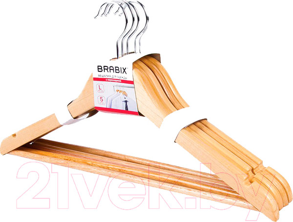 Изображение товара Набор деревянных вешалок-плечиков Brabix Стандарт р.48-50 / 601159 (5шт, сосна)