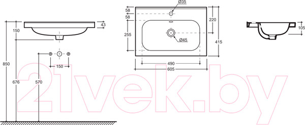 Изображение товара Умывальник Керамин Эридан 60 (встраиваемый, с отверстием)
