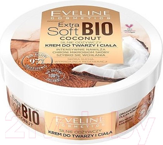Изображение товара Крем для лица Eveline Cosmetics Extra soft bio Coconut Интенсивно питательный для лица и тела (200мл)