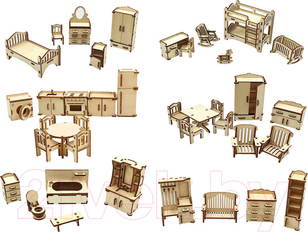 Изображение товара Комплект аксессуаров для кукольного домика ХэппиДом Большой набор кукольной мебели 6в1 / HK-M011