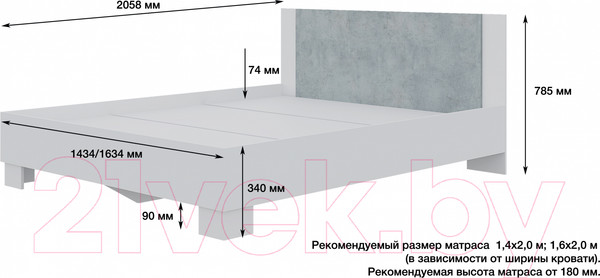 Изображение товара Каркас кровати Горизонт Мебель Nova 1.6 (белый/бетон)