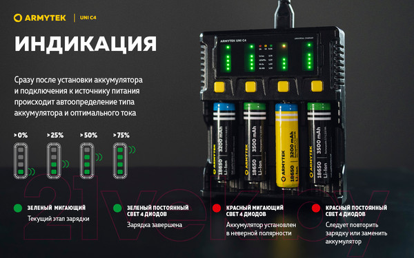 Изображение товара Зарядное устройство для аккумуляторов Armytek Uni C4 Plug Type C (A04501C)