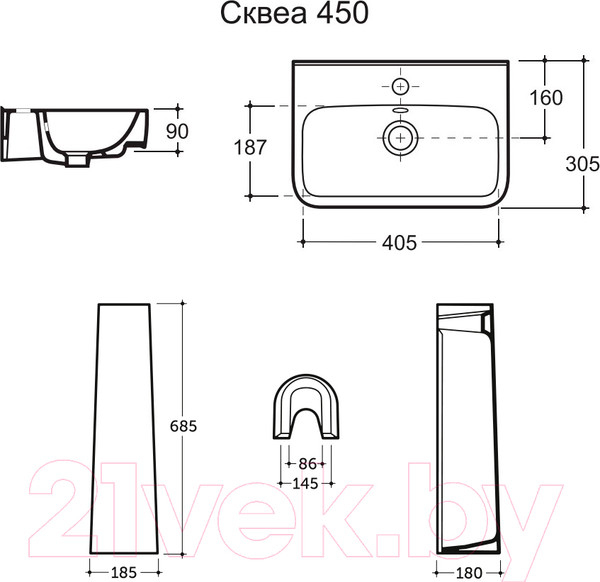 Изображение товара Умывальник Керамин Сквэа 45 (с отверстием и с пьедесталом)
