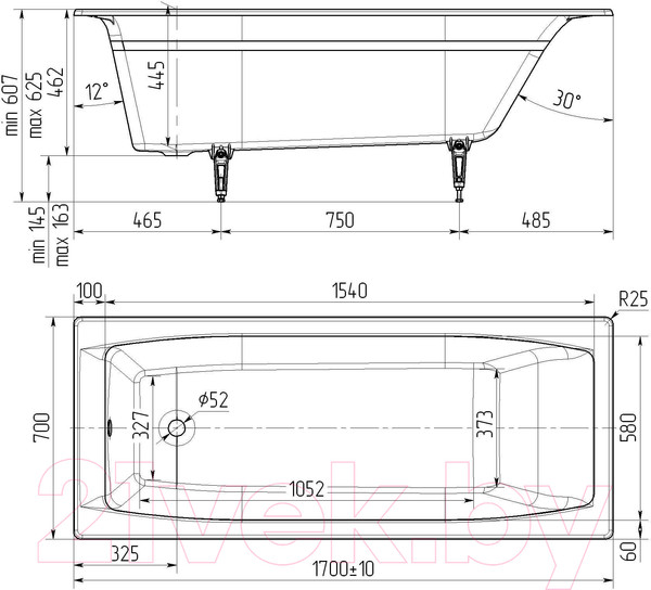 Изображение товара Ванна чугунная Универсал Эталон-У 170x70 (1 сорт, с ножками)