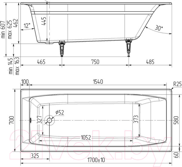 Изображение товара Ванна чугунная Универсал Эталон-У 170х70 (1 сорт, без ножек)