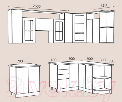 Изображение товара Кухонный гарнитур Артём-Мебель Виола СН-114 со стеклом МДФ 2.6x1.5 Правая (жемчуг текстурный)